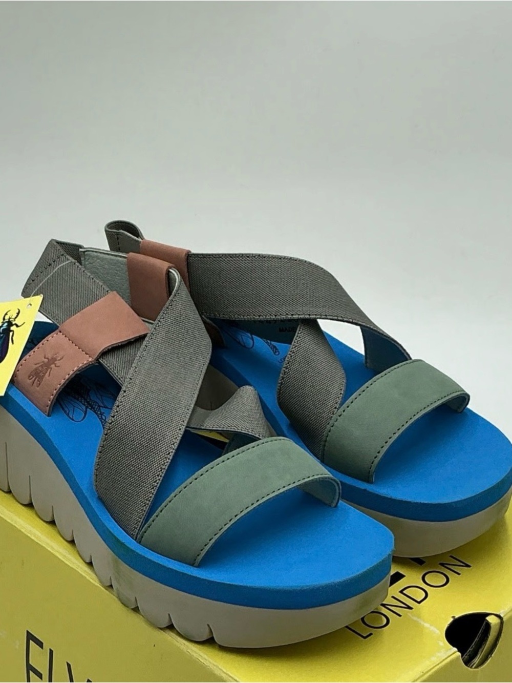FLY London Olive, Gray & Blue Colorblock Platform Sandal